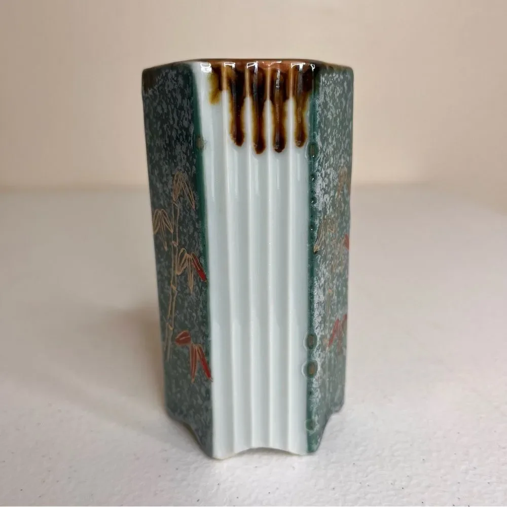 Vintage Hexagon Shape Japanese Vase Bamboo Green Sponge Red Gold Ridged Brown - Picture 5 of 11